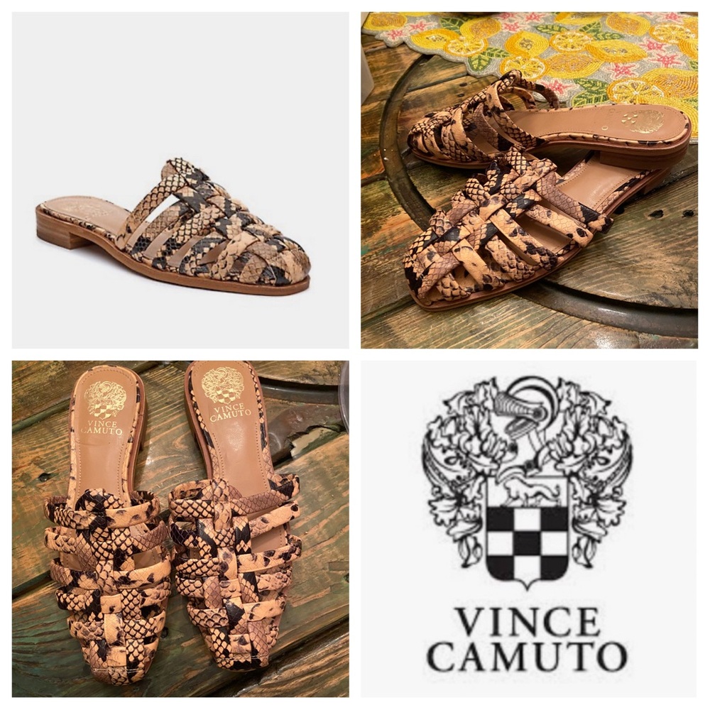 Vince Camuto Cresetia Woven Leather Mule Flat In Sandstone Animal Print